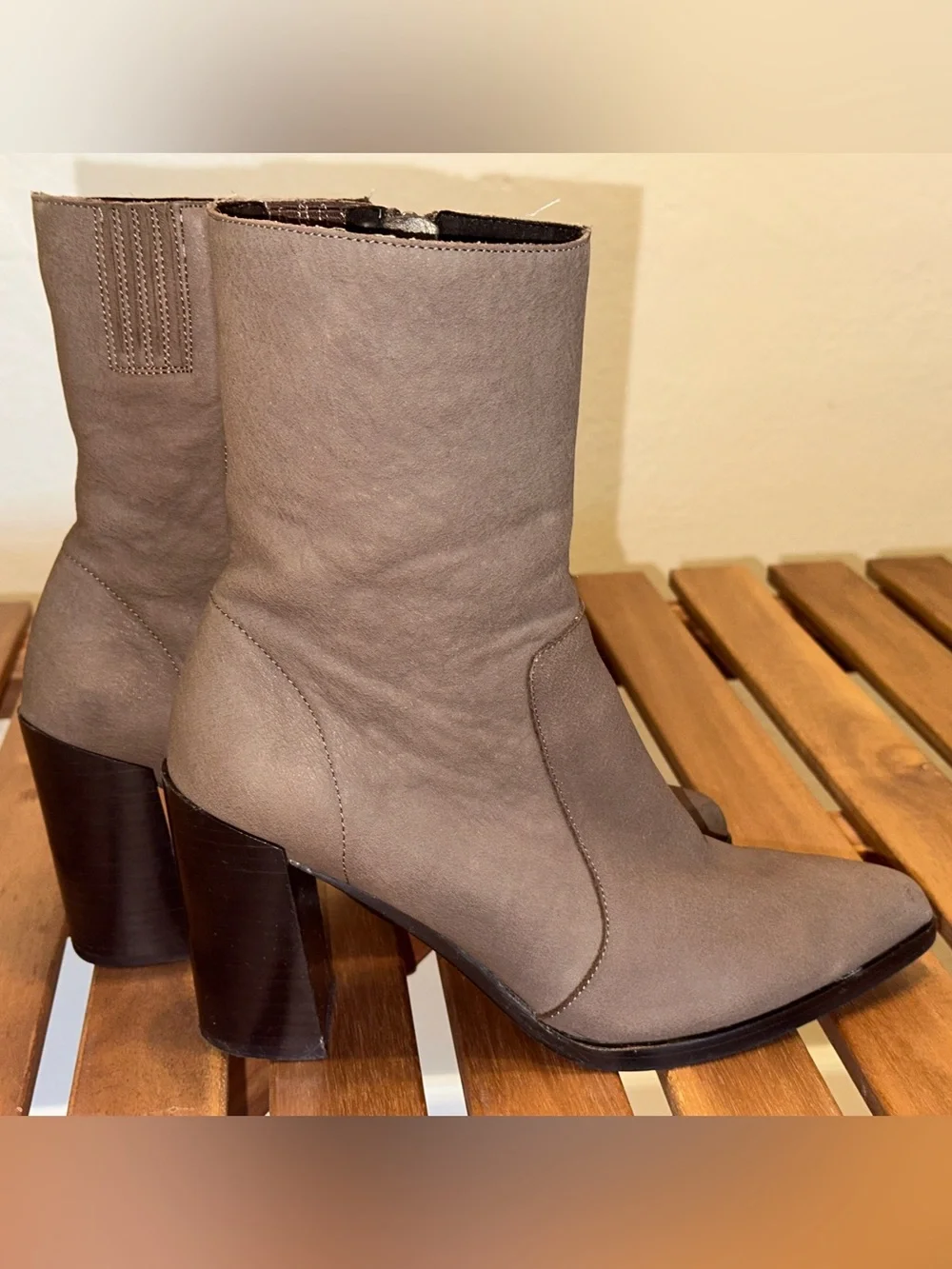Jeffrey Campbell Taupe Mid-Calf Block Heel Leather Boots | US women's Sz 8.5